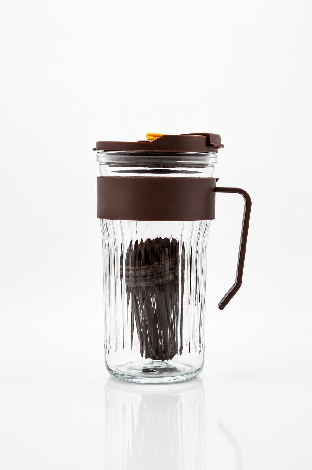 Ribbed Glass Coffee Tumbler with Silicone Sleeve, Handle & Flip Lid